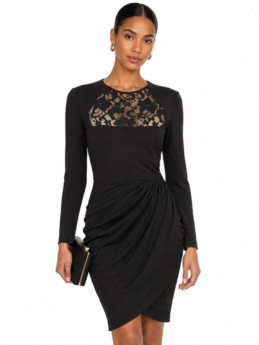 BADGLEY MISCHKA Black Lace-Accent Long Sleeve Ruched Dress Size 6